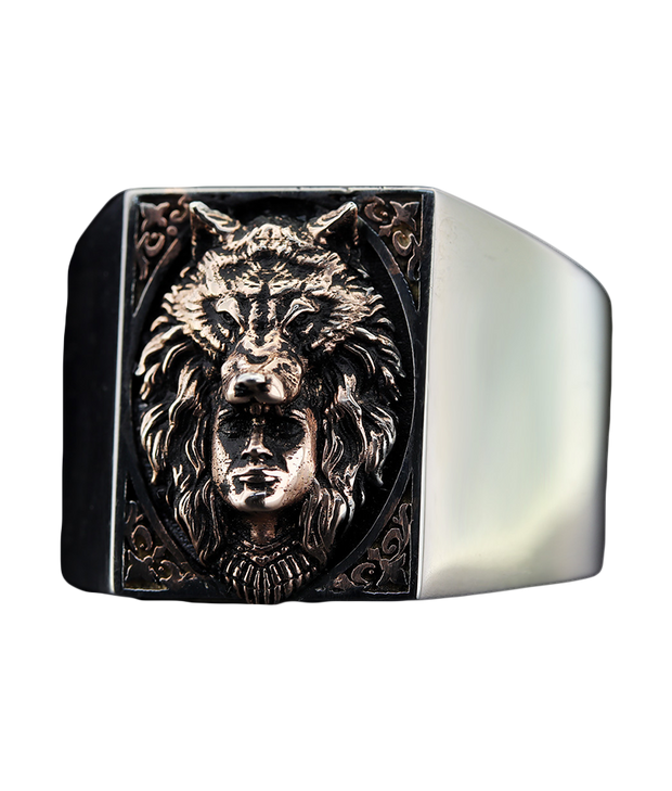 Men's Sterling Silver Ring with Native American Head with Wolf