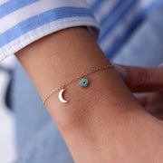 14k Gold Eye and Moon Bracelet, 14k Solid Gold Bracelet, Gold Bracelet for women, Solid Gold Bracelet