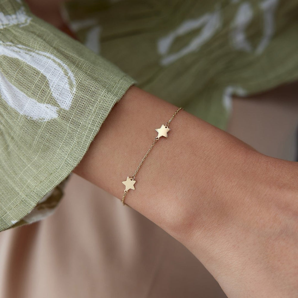 14k Gold Star Pair Bracelet, 14k Solid Gold Bracelet, Gold Bracelet for women, Solid Gold Bracelet