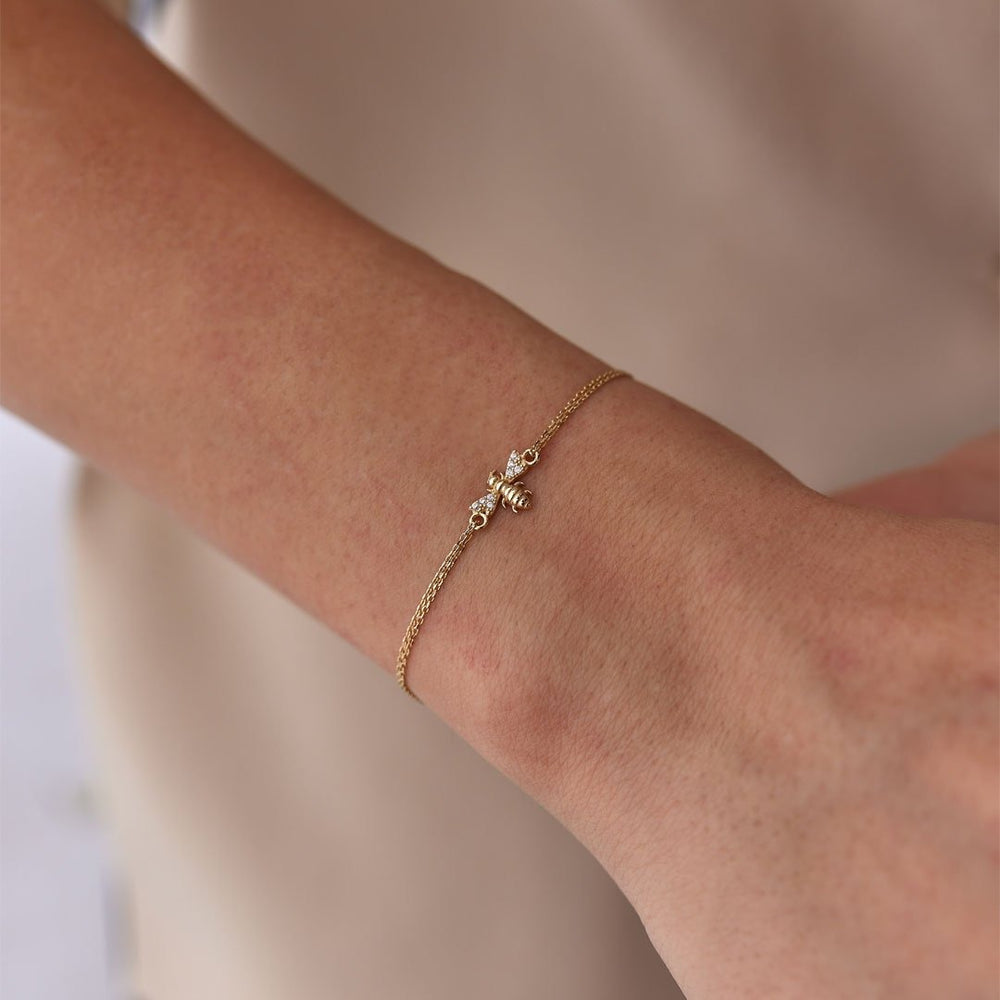 14k Gold Stone Bee Bracelet, 14k Solid Gold Bracelet, Gold Bracelet for women, Solid Gold Bracelet