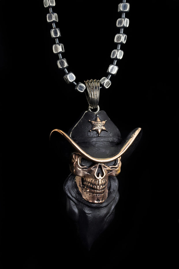 Men's Memento Mori Skull Sheriff Necklace in Sterling Silver