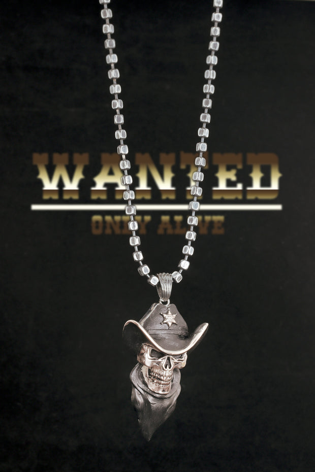 Men's Memento Mori Skull Sheriff Necklace in Sterling Silver