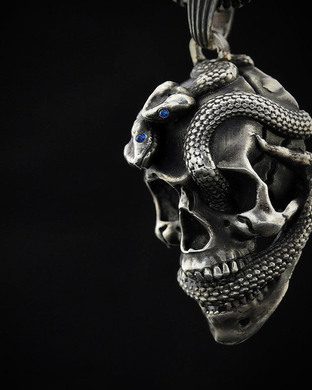 Sterling Silver Men's Skull and Snake Necklace