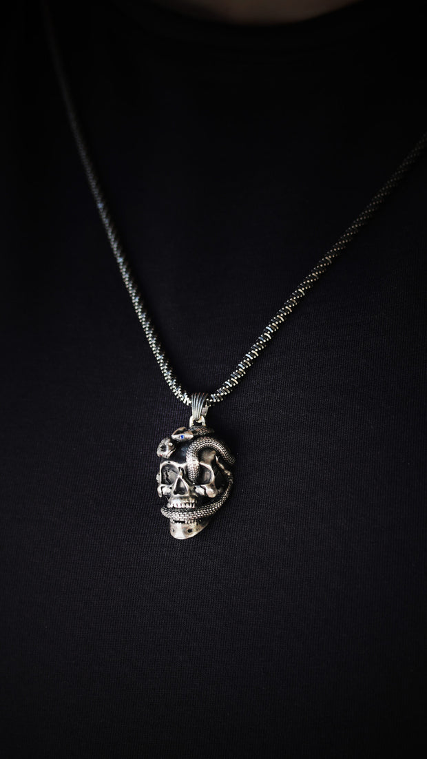 Sterling Silver Men's Skull and Snake Necklace