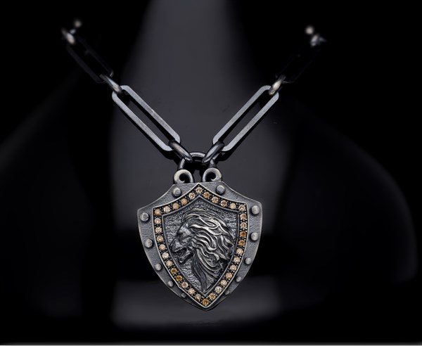 Men’s Sterling Silver Lion and Champagne Stone