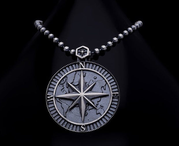 Men’s Sterling Silver Compass Medallion Necklace