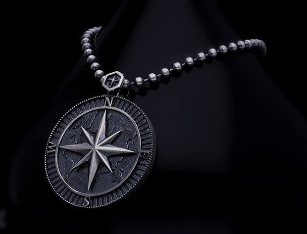 Men’s Sterling Silver Compass Medallion Necklace