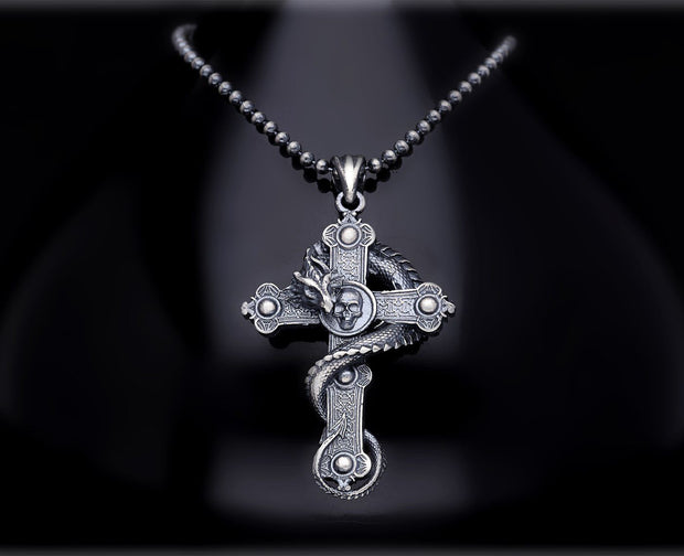 Men’s Sterling Silver Dragon Cross Necklace