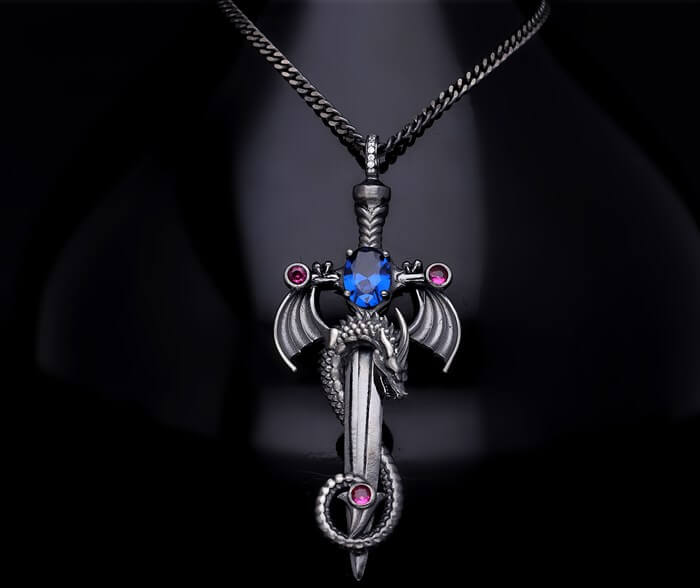 Men’s Sterling Silver  Dragon Sword Necklace