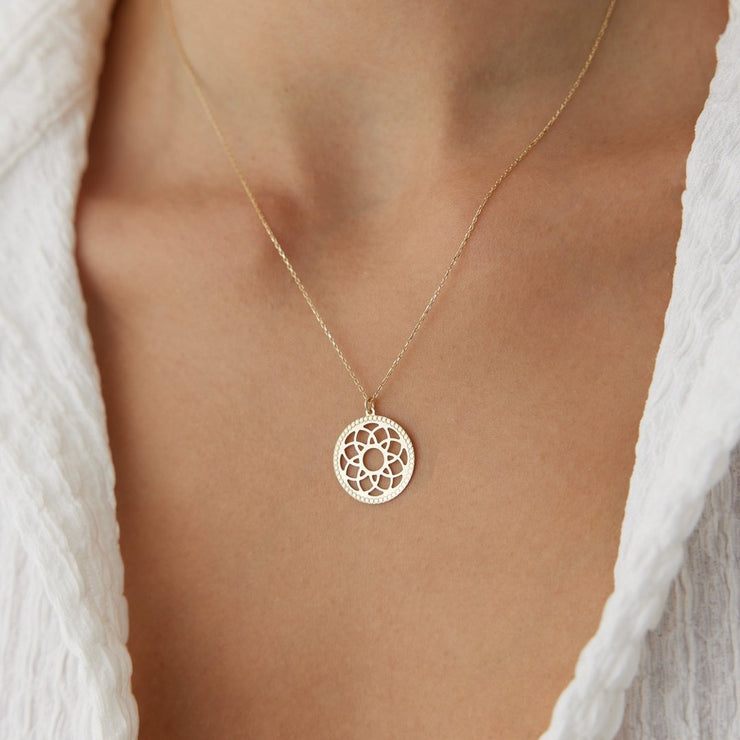 gold necklace, 14k gold necklace, necklace, 14k Gold Lotus Medallion Necklace