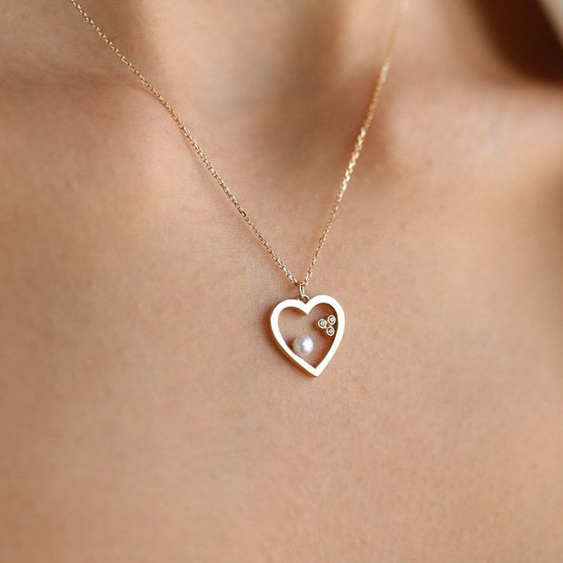 14k Gold Pearl Stone Heart Necklace