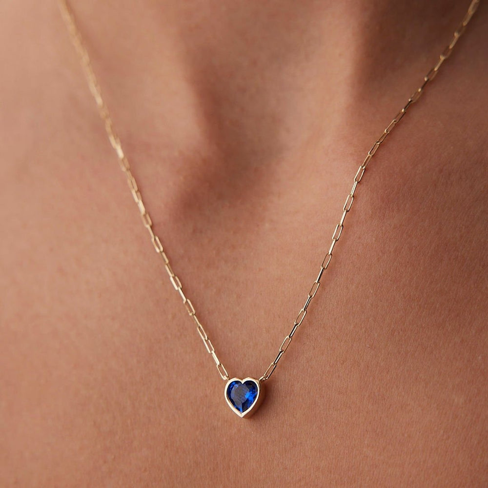 14k Gold Mini Paperclip Sapphire Heart Necklace