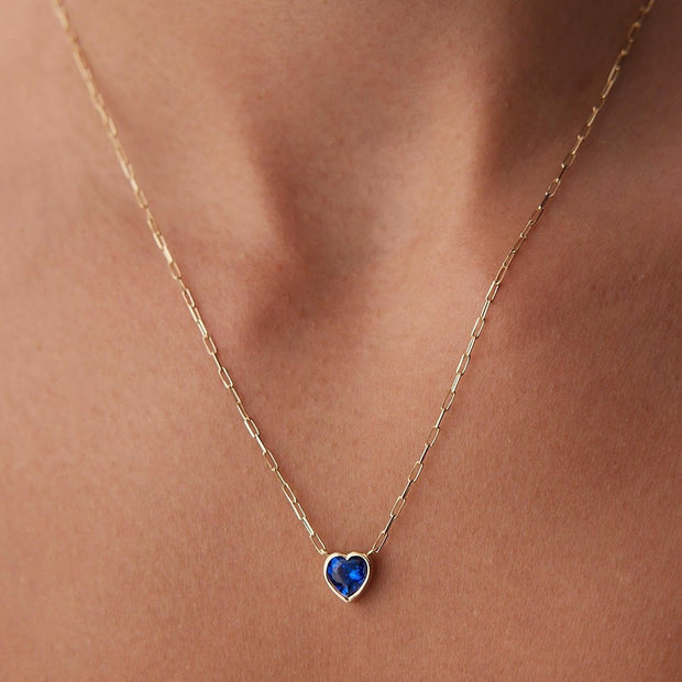 14k Gold Mini Paperclip Sapphire Heart Necklace