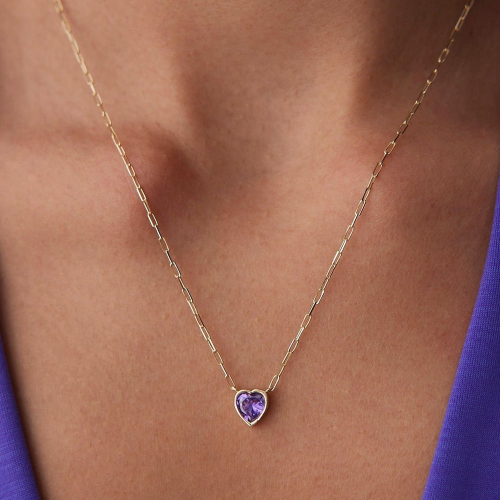 14k Gold Mini Paperclip Purple Heart Necklace