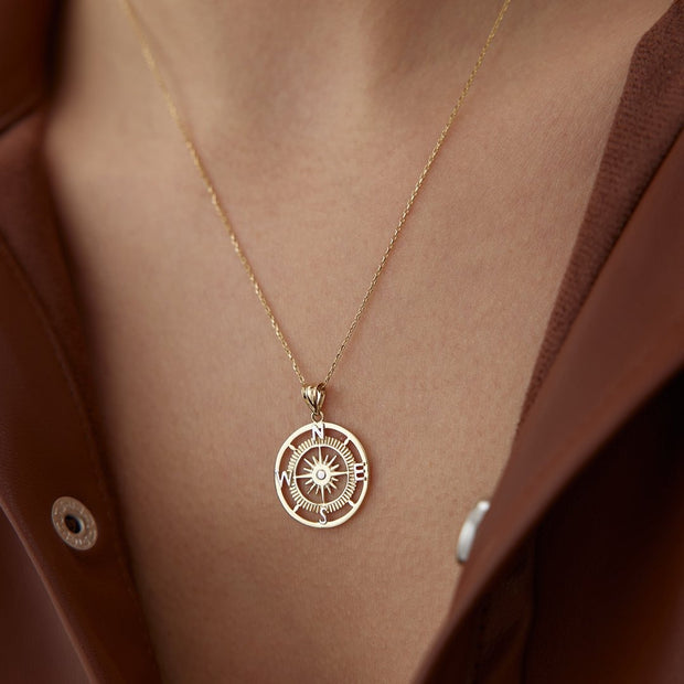 gold necklace, 14k gold necklace, necklace, 14k Gold Big Compass Necklace