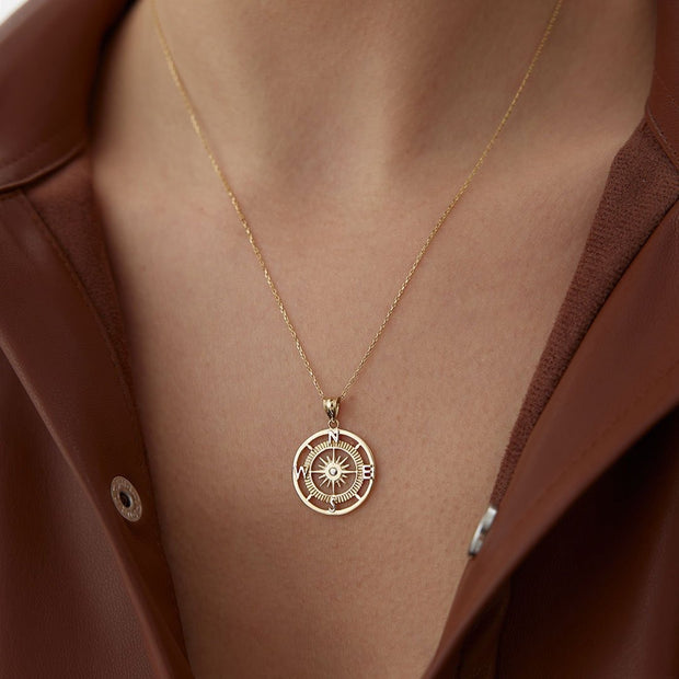 gold necklace, 14k gold necklace, necklace, 14k Gold Big Compass Necklace