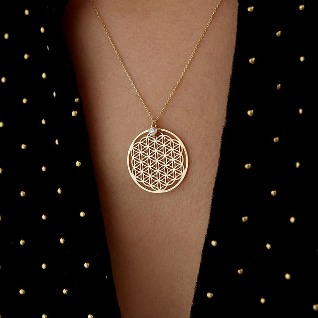 gold necklace, 14k gold necklace, necklace, 14k Gold Solitaire Flower of Life Necklace