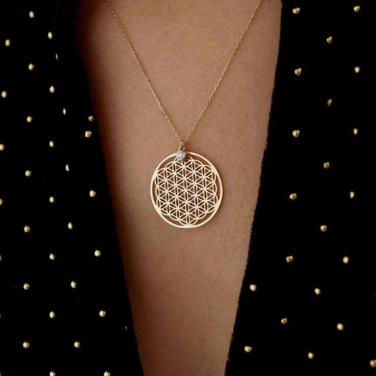 gold necklace, 14k gold necklace, necklace, 14k Gold Solitaire Flower of Life Necklace