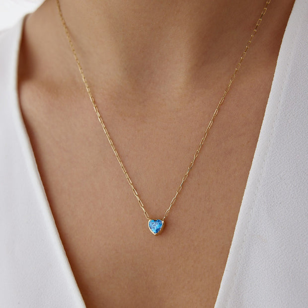 14k Gold Mini Paperclip Blue Heart Necklace