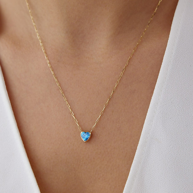 14k Gold Blue CZ Heart Necklace