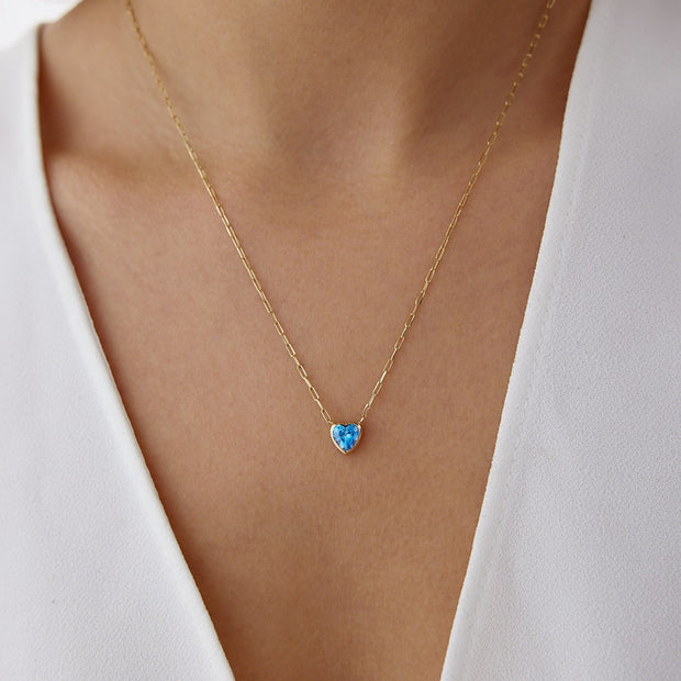 14k Gold Mini Paperclip Blue Heart Necklace