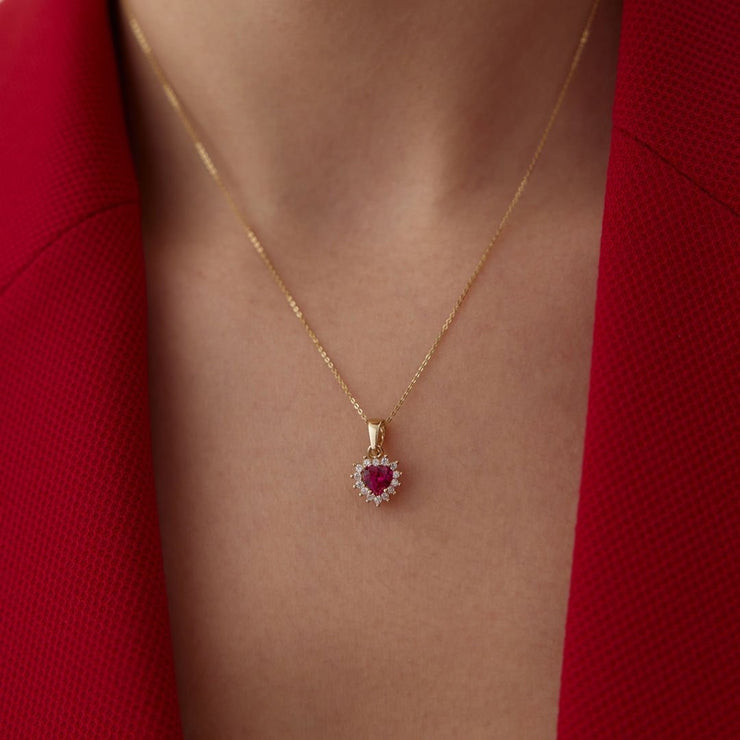 14k Gold Ruby Colored Heart Necklace