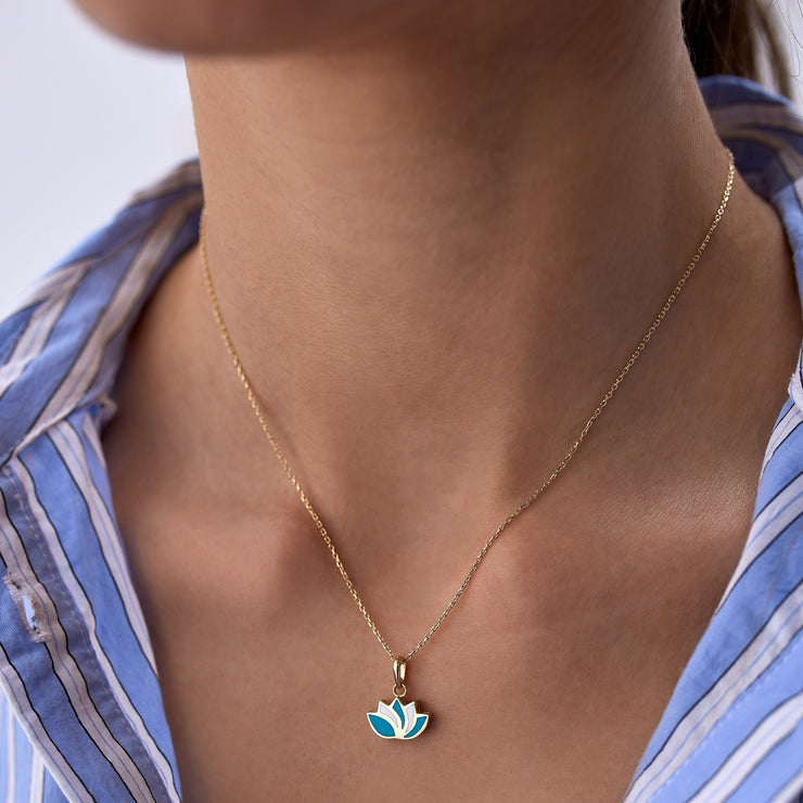 gold necklace, 14k gold necklace, necklace, 14k Gold Enamel Lotus Necklace