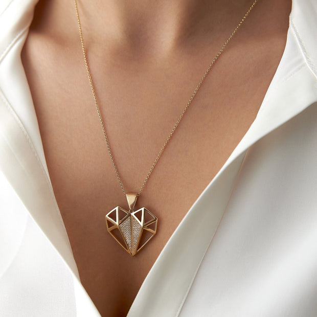 14k Gold Three Dimensional Stone Heart Necklace