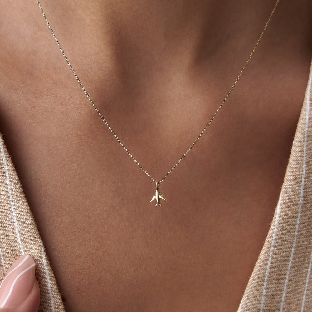 gold necklace, 14k gold necklace, necklace, 14k Gold Women's Necklace with Airplane Figure