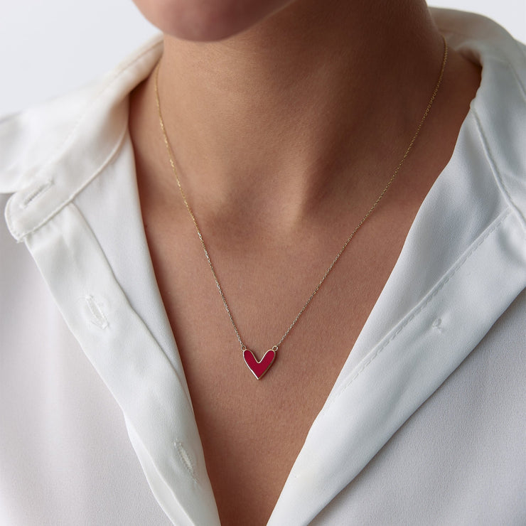 14k Gold Red Enamel Heart Necklace