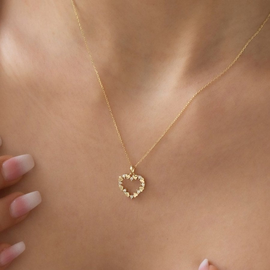 14k Gold Tiny Heart Necklace in Rows