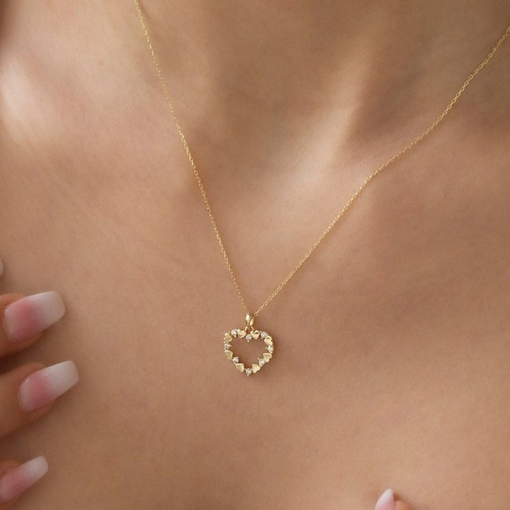 14k Gold Tiny Heart Necklace in Rows