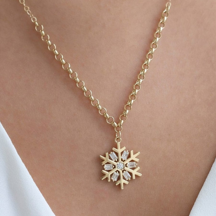 gold necklace, 14k gold necklace, necklace, 14k Gold Baguette Snowflake Necklace