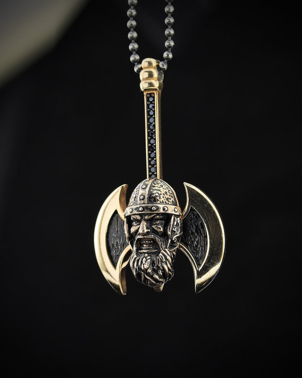 Axe and Warrior Necklace, Men's Sterling Silver Necklace