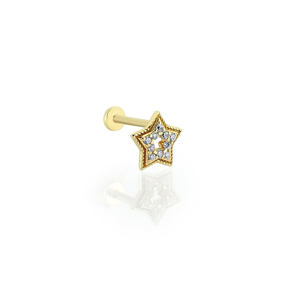 14k Gold Stone Star Tragus Piercing with Engraving Detail