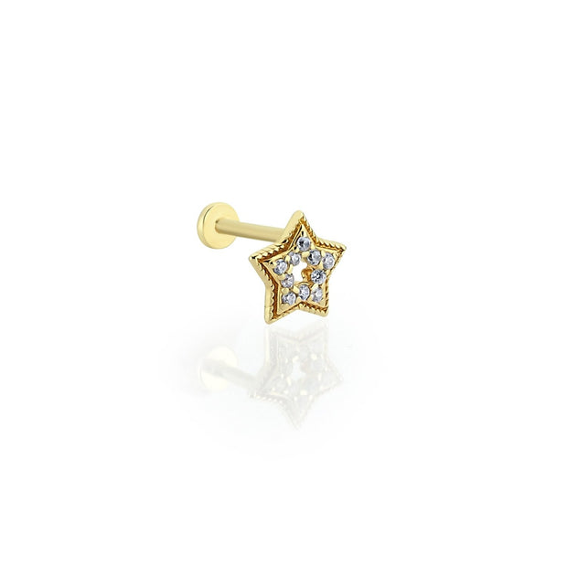 14k Gold Stone Star Tragus Piercing with Engraving Detail