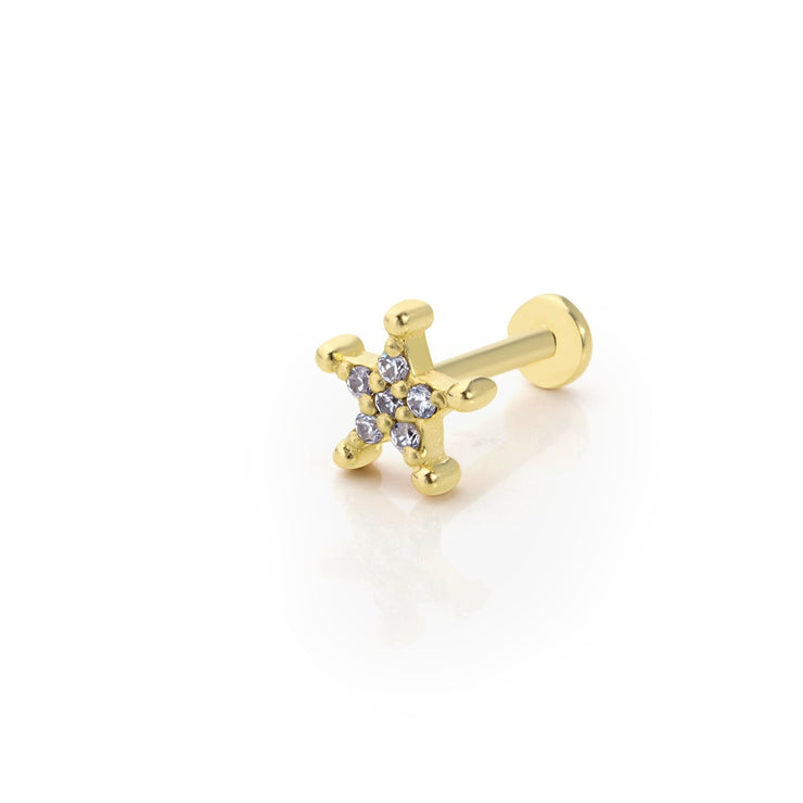 14k Gold Big Star Tragus Piercing with Ball Detail and Stone