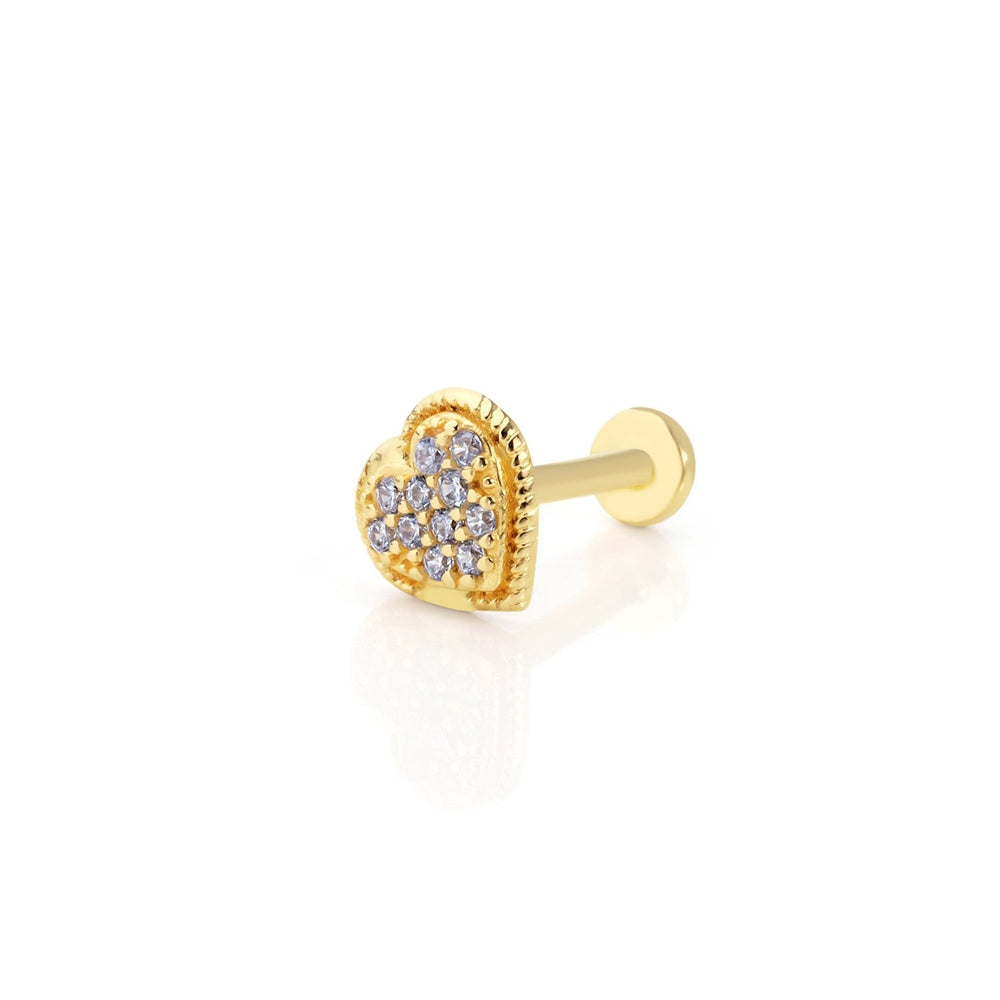 14k Gold Stone Heart Pattern Tragus Piercing with Engraving Detail