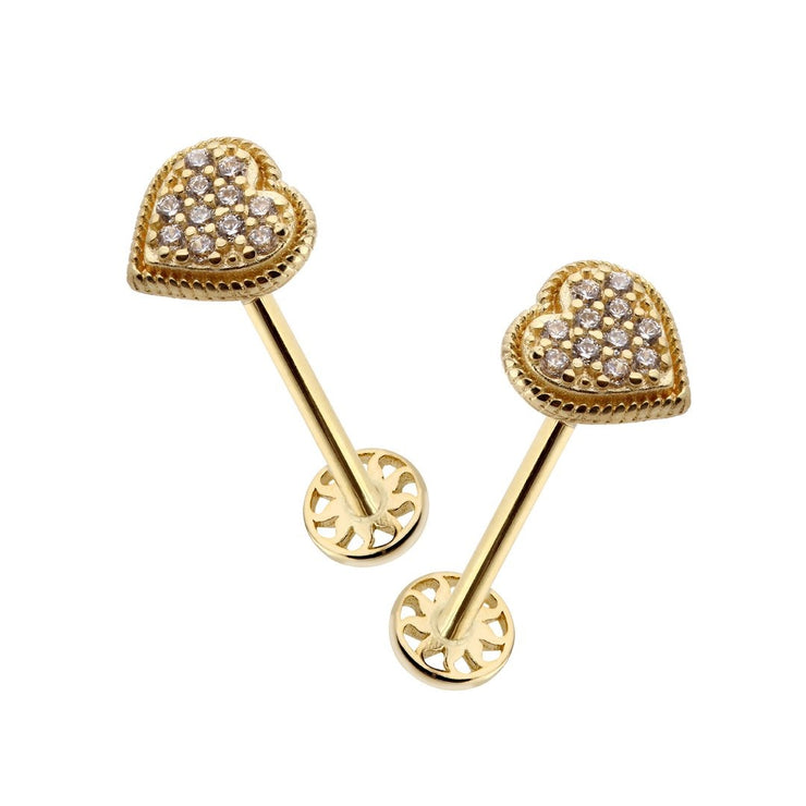 14k Gold Stone Heart Pattern Tragus Piercing with Engraving Detail