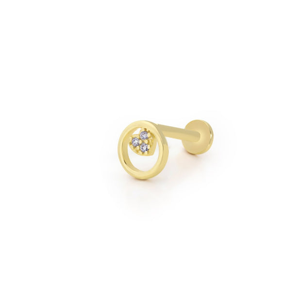 14k Gold Stoned Round Pattern Tragus Piercing with Minimal Heart Detail