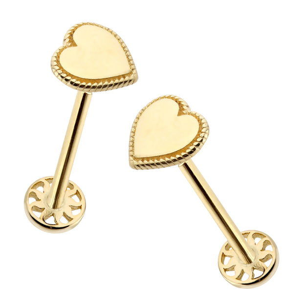 14k Gold Minimal Heart Pattern Tragus Piercing with Engraving Detail