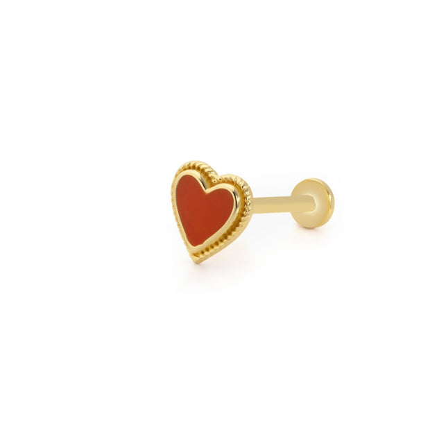 14k Gold Red Enamel Heart Tragus Piercing with Machining Detail