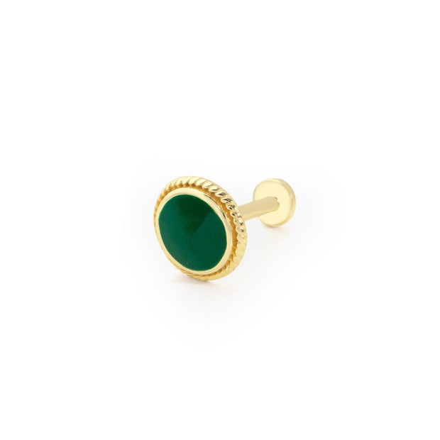 14k Gold Round Pattern Processing Detail Green Enamel Tragus Piercing