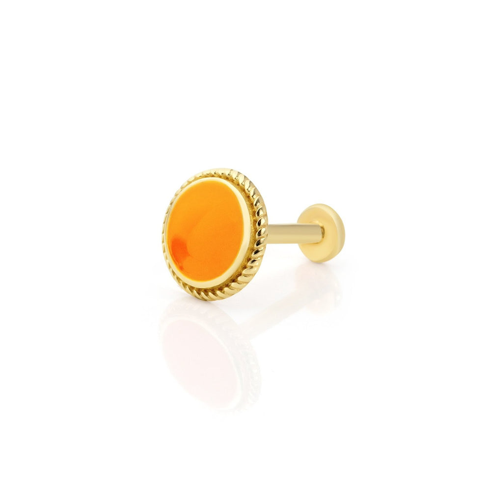 14k Gold Round Pattern Processing Detail Orange Enamel Tragus Piercing