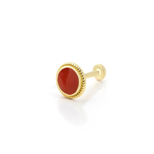 14k Gold Round Pattern Processing Detail Red Enamel Tragus Piercing