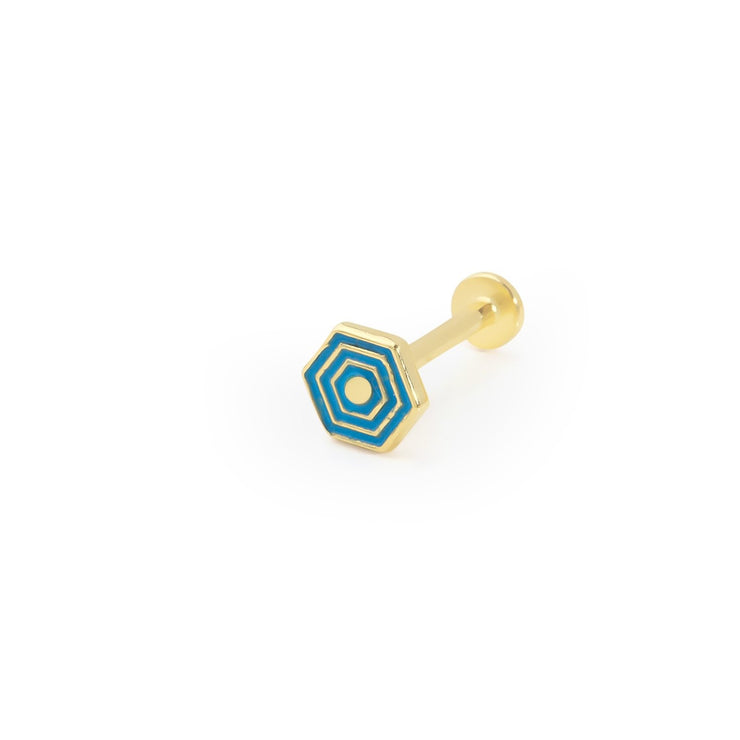 14k Gold Blue Enameled Hexagon Tragus Piercing