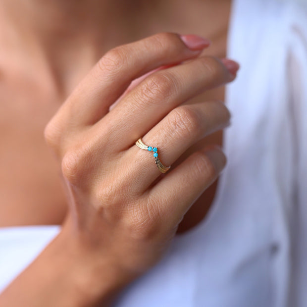 14k Gold Turquoise Leaf Ring