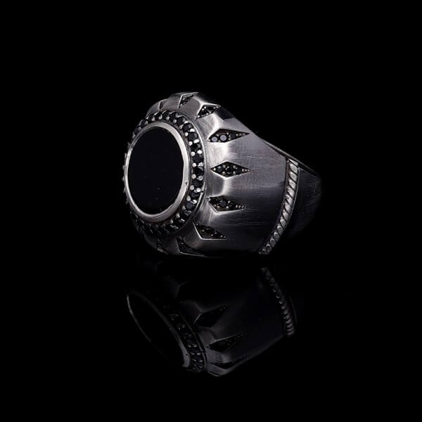 Men’s Sterling Silver Round Black Stone Ring