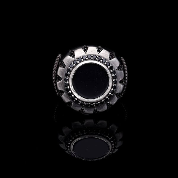 Men’s Sterling Silver Round Black Stone Ring