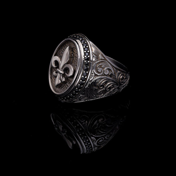 Men’s Sterling Silver Fleur De Lis Champagne Stone Oval Ring